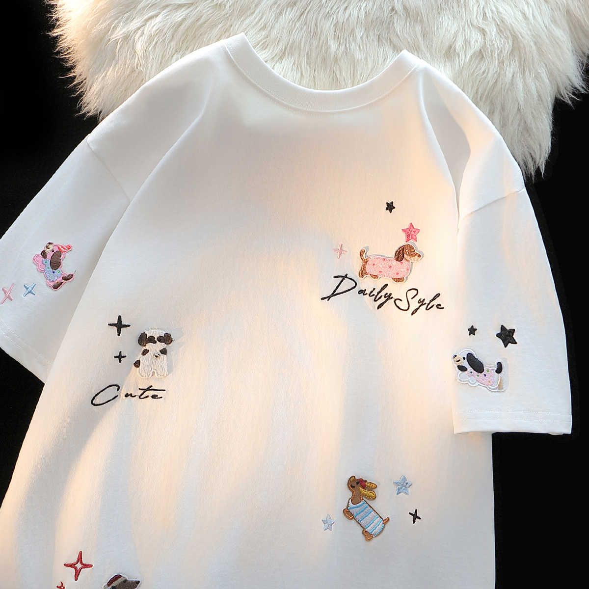 American lazy chic embroidered puppy short-sleeved t-shirt for women pure cotton summer couple loose ins half-sleeved cute top