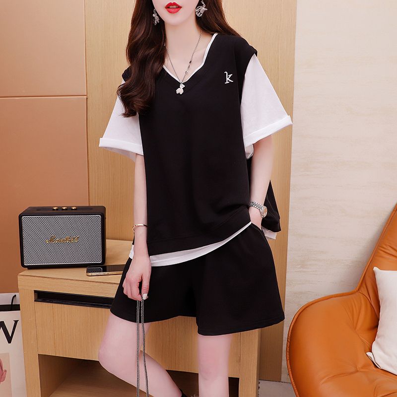 6535拉架夏季新款假兩件短袖t恤套裝女休閒運動服短褲兩件套