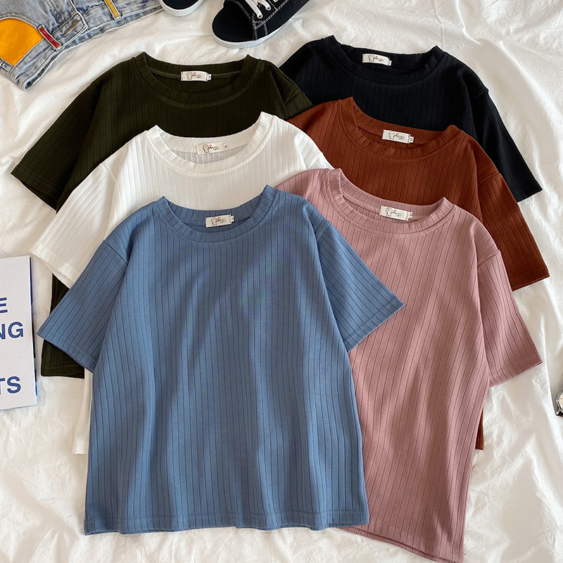 Real-life tiled picture 2025 spring and summer new knitted pit strip short sleeve female student versatile top short style