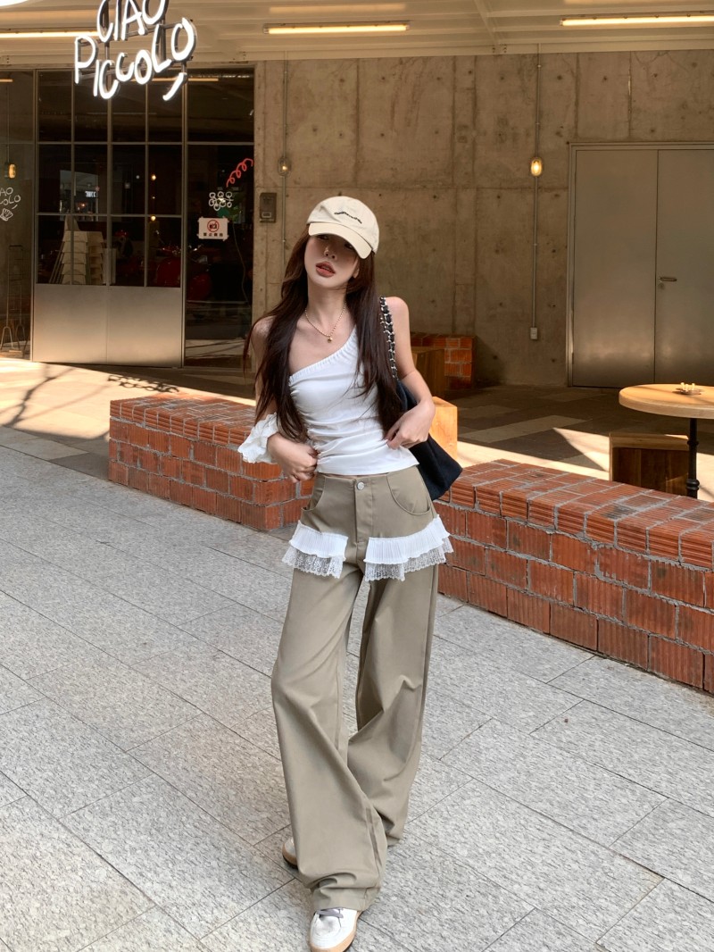 Real shot!  !  Two-piece lace lace spliced ​​trousers wide-leg casual suit pants