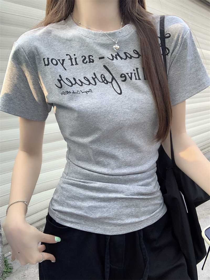 Real photo, real letter printed short-sleeved T-shirt for women, gray slim waist pinched, slim design top