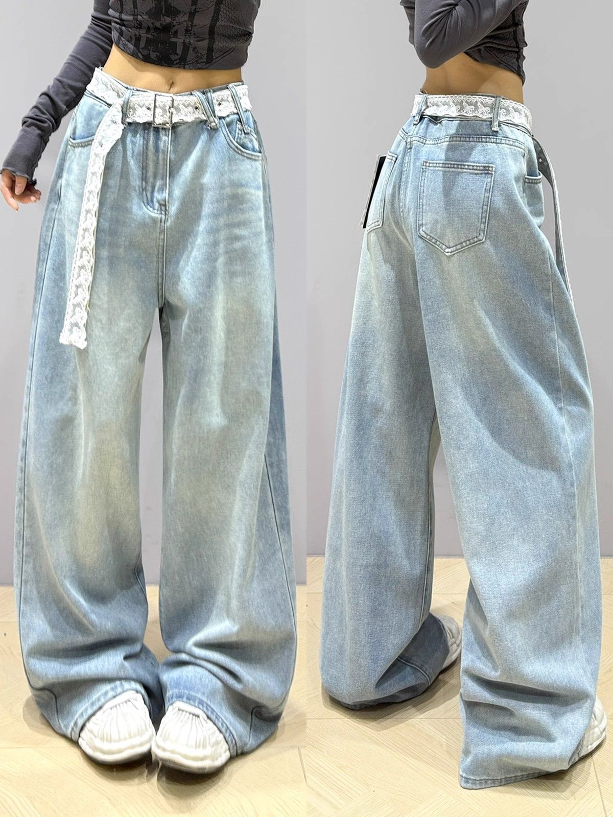 Design-sensing lace belt jeans for women's spring new style wash water high waist slimming wide-leg pants straight-leg pants