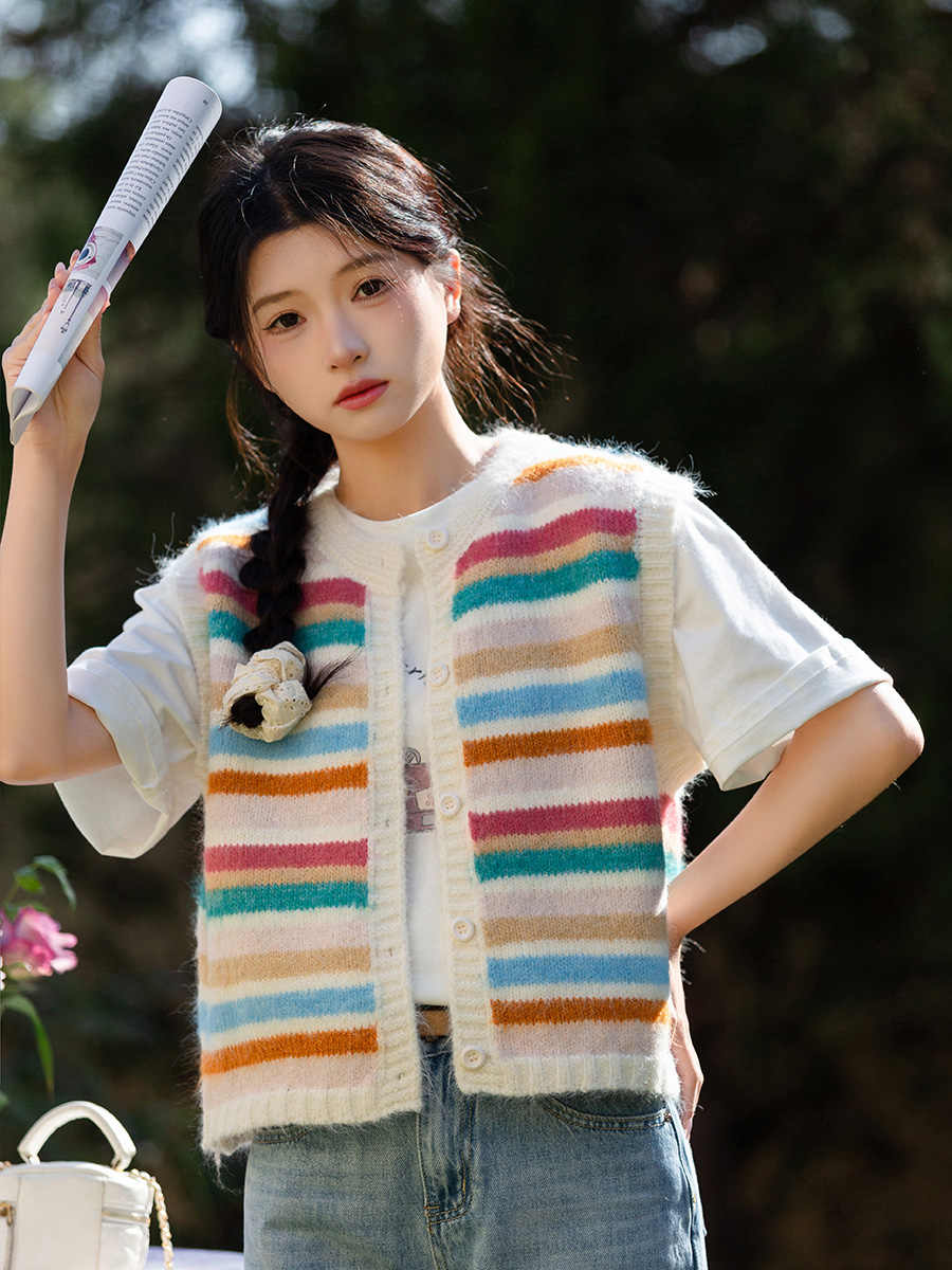 Rainbow striped short knitted cardigan vest women's spring new small outerwear top