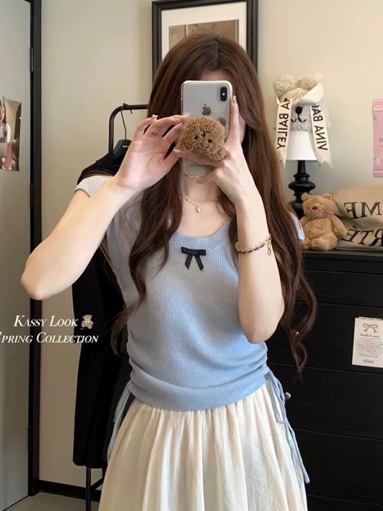 Pure desire style waist-closed short-sleeved sweater for women in summer hot girl blue T-shirt bow-knit vest top trendy
