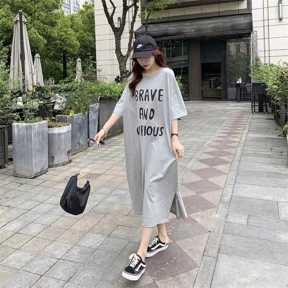 首發韓版大版t恤裙女純棉長款過膝寬鬆大碼懶人連衣裙長裙