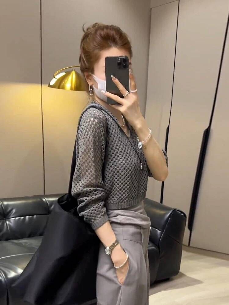 Gray hooded hollow mesh hooded shirt summer design short long-sleeved knitted sweater