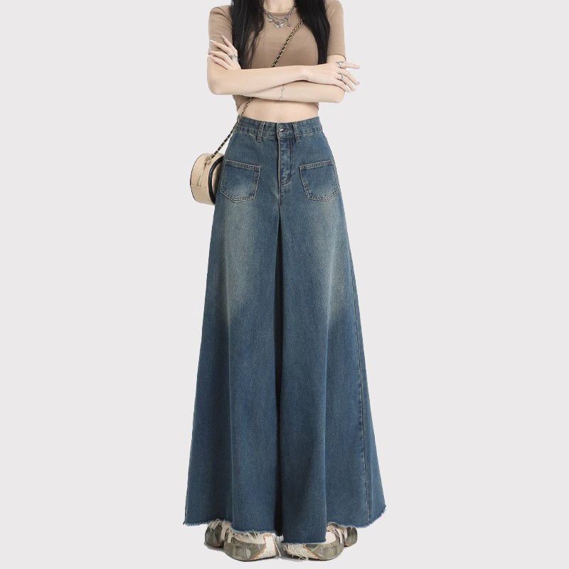 Design-sensing breasted retro wide-leg jeans for women in autumn new high-waist loose slim draped all-match trousers