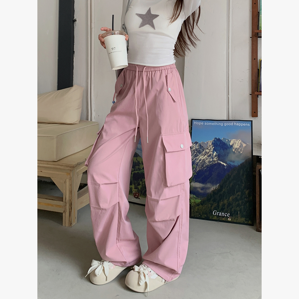 Real shot! 2025 sex work pants for women, elastic waist drawstring tie feet straight-leg casual loose wide-leg pants