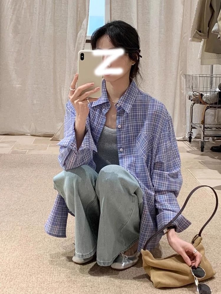 Korean retro plaid shirt thin coat for women 2025 new spring and summer sun protection cardigan loose casual long-sleeved top