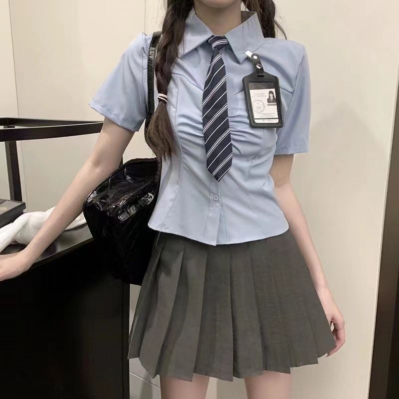 Waist-closing shirt slim college pleated girls suit shirt design short-sleeved top age-reducing summer pleated skirt