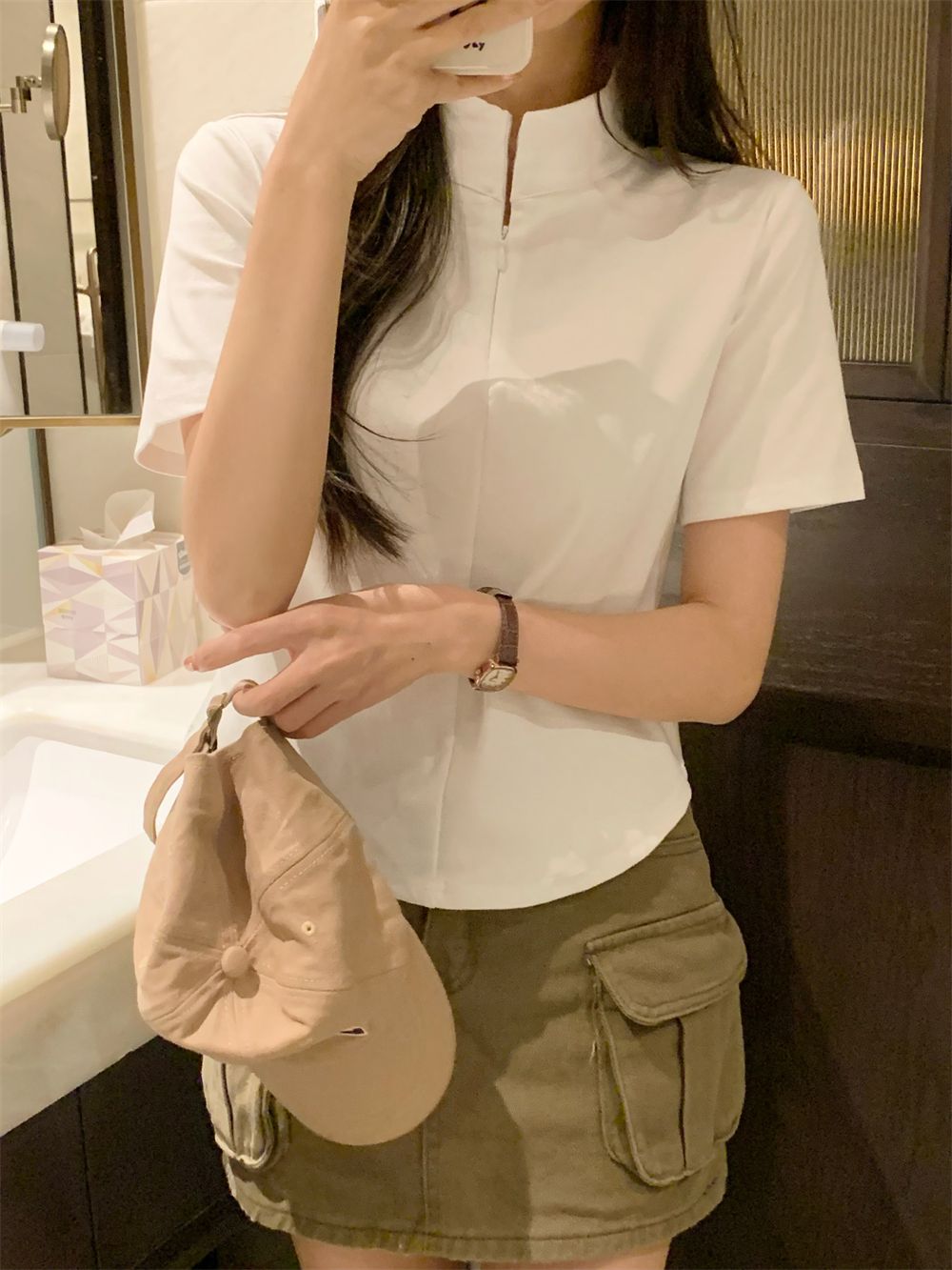 Real photo 40 pure cotton 210g 92 cotton/8 spandex short-sleeved T-shirt women's half zipper
