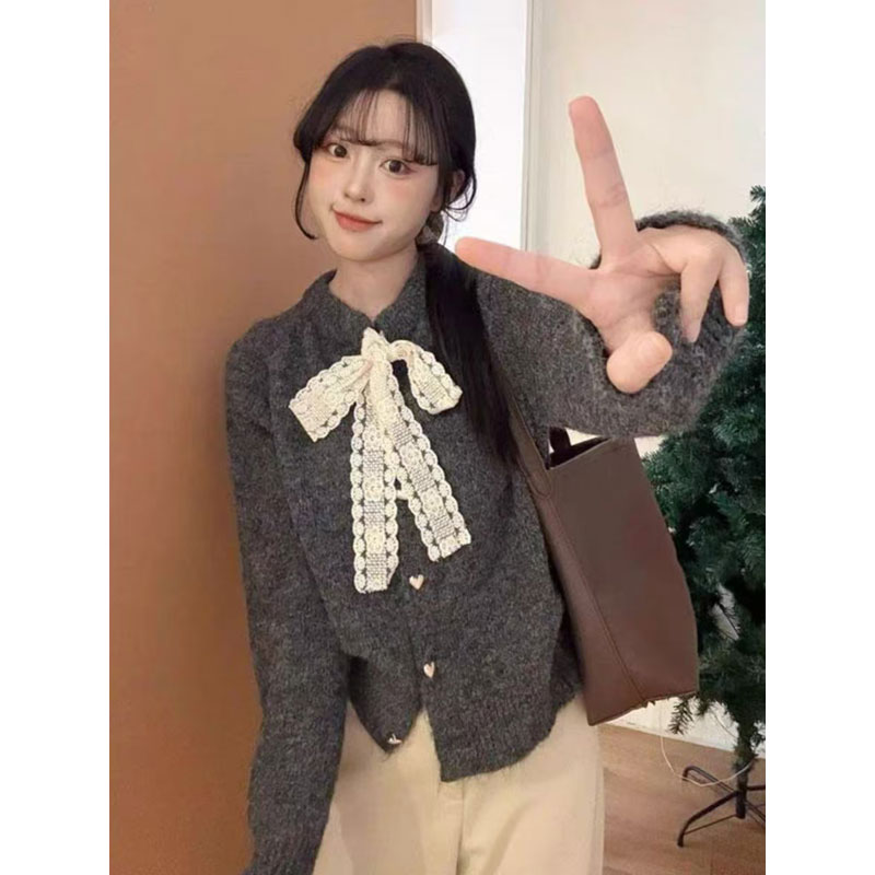 French gentle new bow versatile sweater jacket tie autumn and winter lace lazy knit cardigan top for women