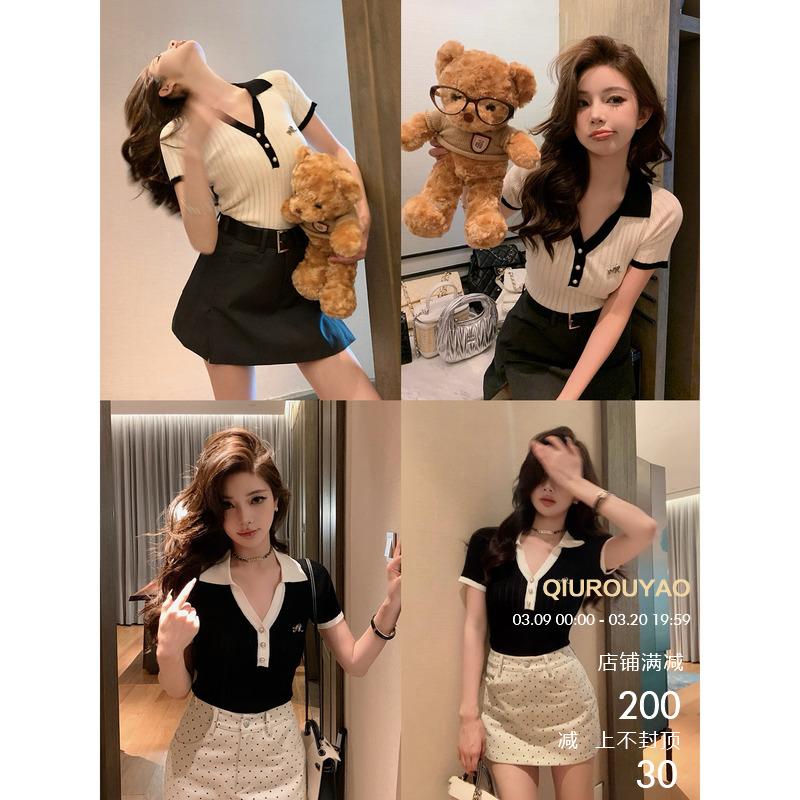Lapel knitted short-sleeved women's summer new French small slim-fitting college style short-sleeved T-shirt top