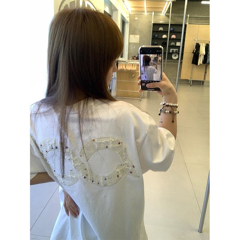 Tmall quality 40 210g embroidered letters 2025 new short-sleeved T-shirt for women loose and lazy style