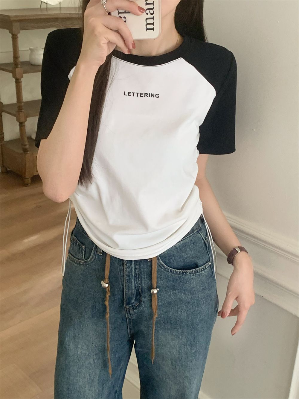 Real shot 40 pure cotton 210g 92 cotton/8 spandex short-sleeved T-shirt for women three-dimensional offset printing drawstring