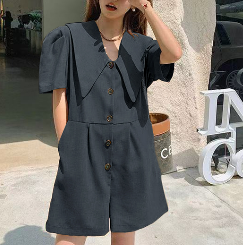 Chic style lapel dark gray strap temperament ol style jumpsuit shorts