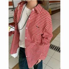 American dachshund puppy red plaid shirt for women in spring and autumn new loose age-reducing versatile outerwear top