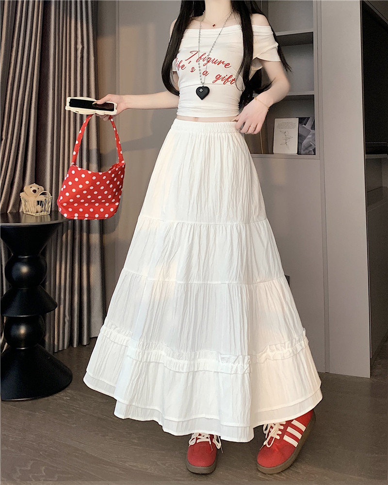 Real photo of white skirt for women, elastic high waist slimming mid-length cake skirt A-line skirt
