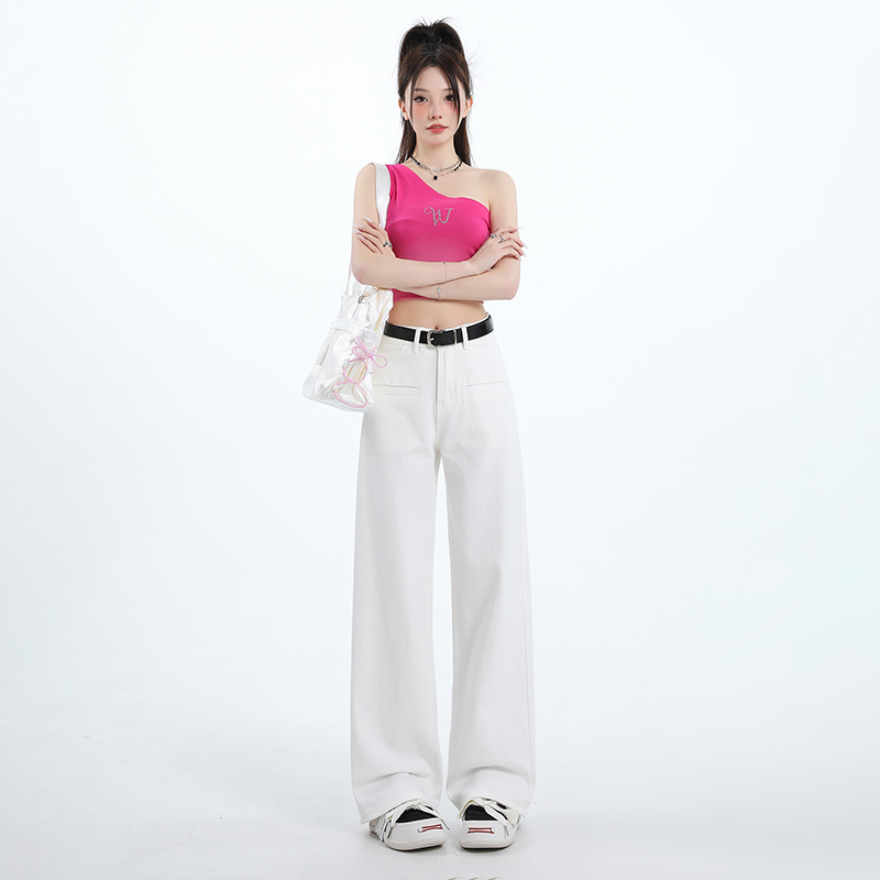 白色闊腿牛仔褲女春秋2025新款高腰寬鬆顯瘦垂感直筒褲子長褲加長