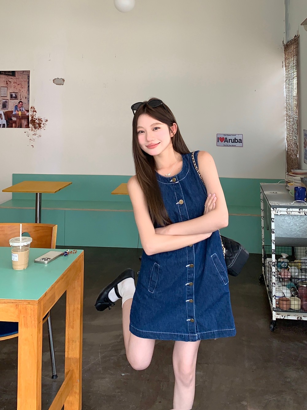 Real shot of denim vest dress single-breasted retro fashionable waist-hugging sleeveless dress for women