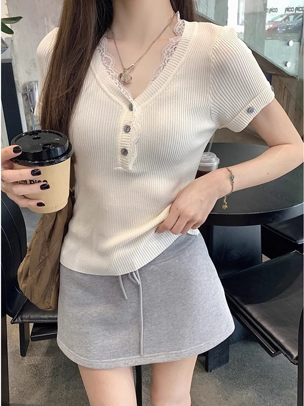 蕾絲花邊v領針織短袖t恤女裝夏季2025新款高級感修身半袖體恤上衣