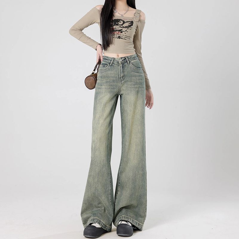 Retro hot girl high waist wide-leg jeans for women in spring and autumn new style loose slim and versatile draped floor long trousers trendy