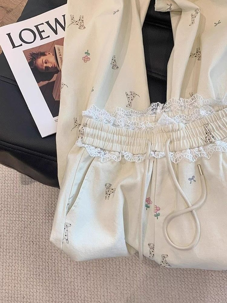Three-dimensional waist lace spliced ​​elastic waist casual pants for women in spring and summer design puppy print