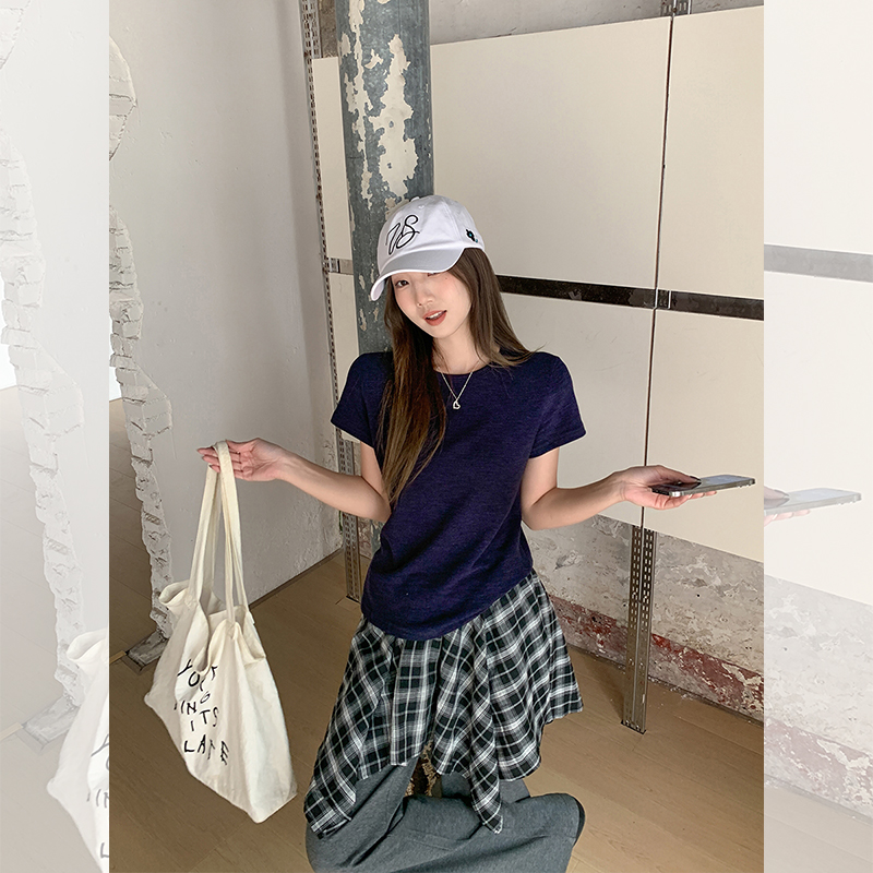 Real-shot texture-sensing, shoulder-length, small flying sleeves, small fresh season new round neck popular short top this year