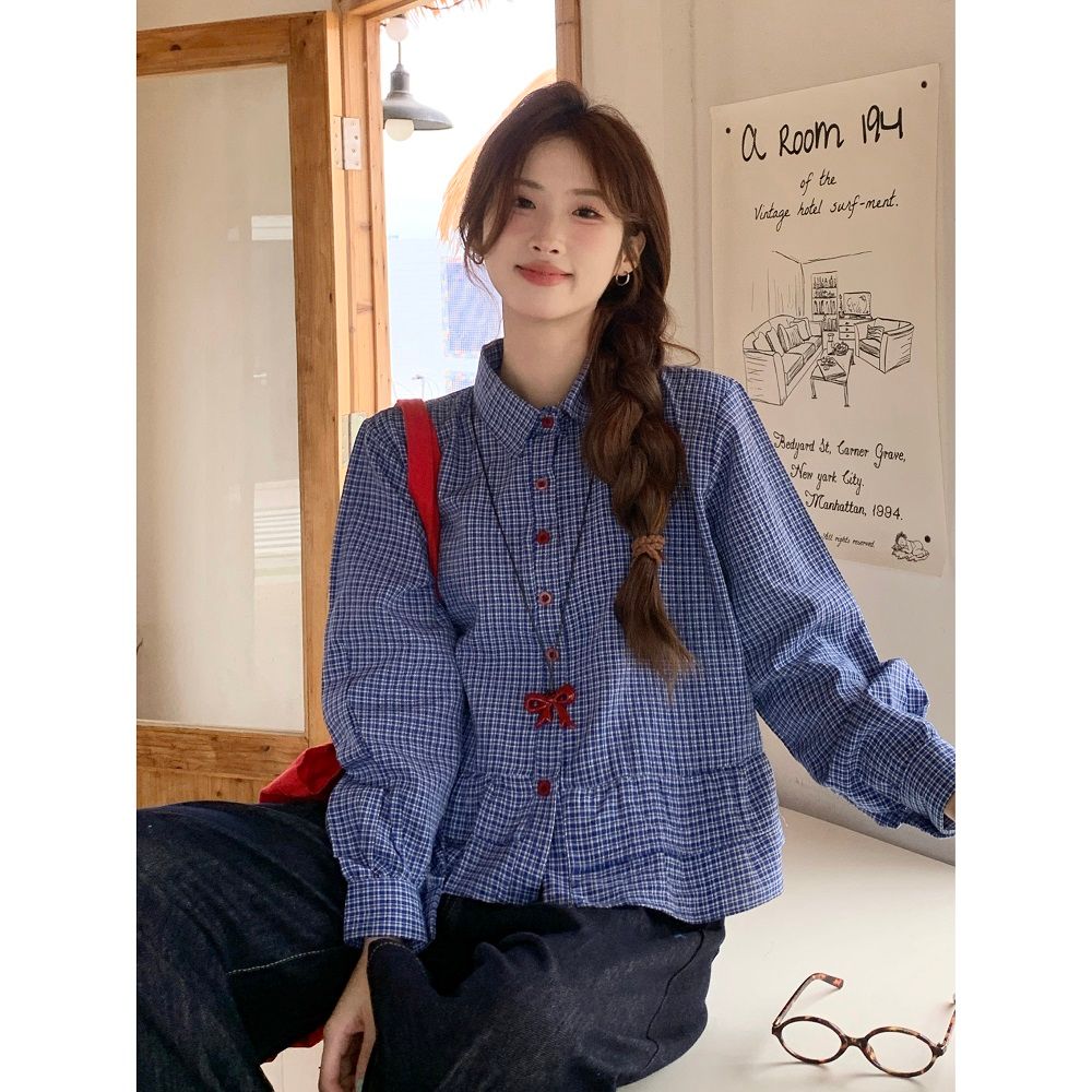 Blue plaid shirt for women in spring and summer 2025 new Miu series wears long-sleeved shirt short top