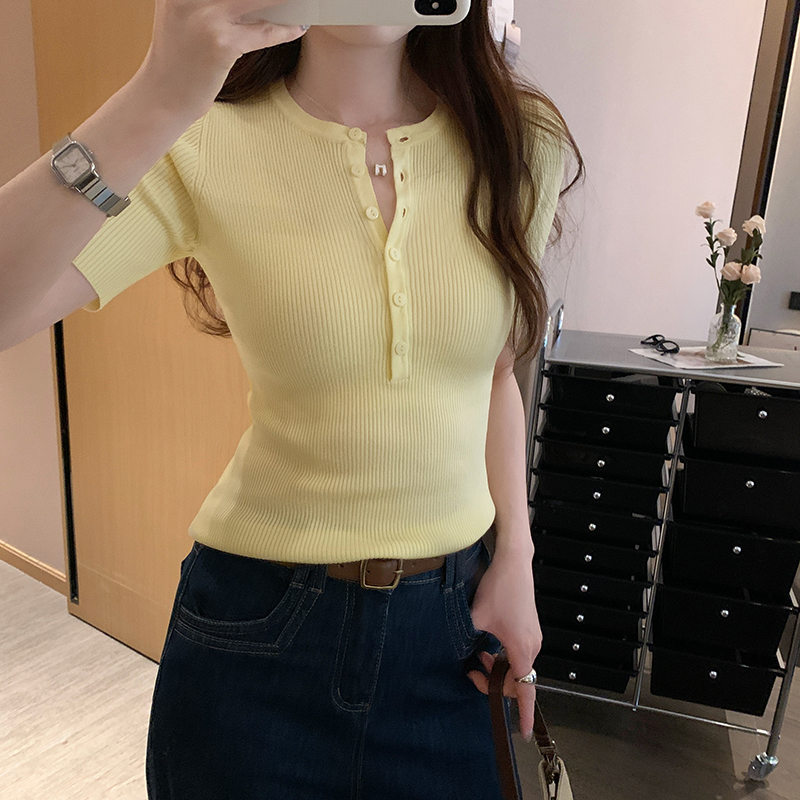 Real photo Korean early spring half-open collar short-sleeved sweater for women 2025 new beautiful unique and beautiful top