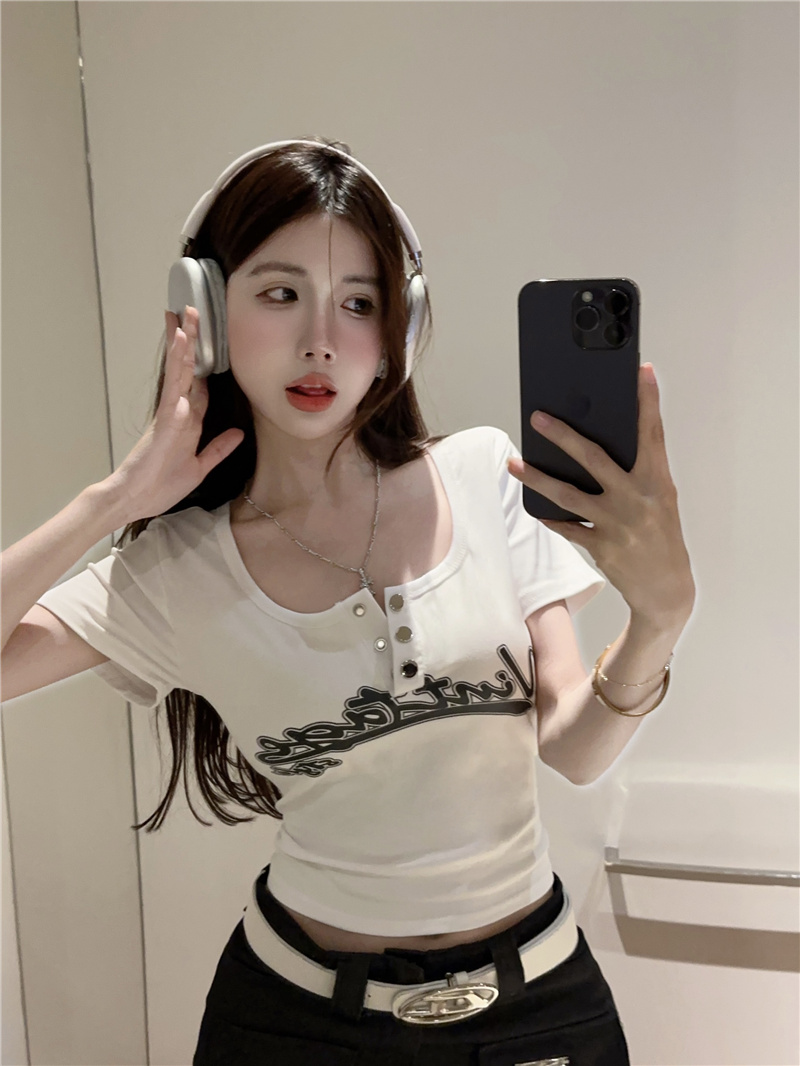 實拍~2025夏季新款女裝美式休閒字母印花緊身短款短袖T恤女