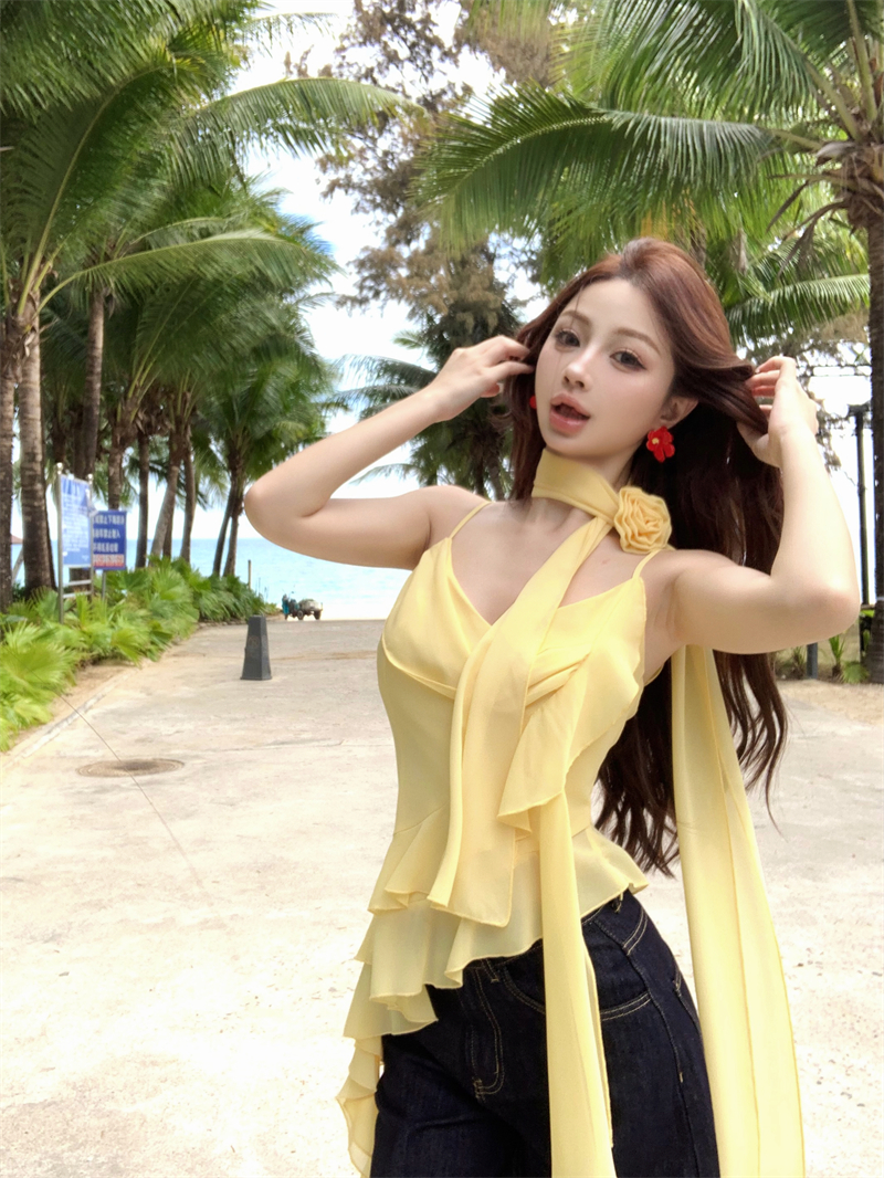 Real photo of dopamine ruffled suspender irregular design sleeveless sling top