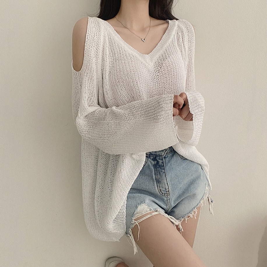 Korean chic off-shoulder ice silk sweater v-neck lazy loose and versatile long-sleeved v-neck sun protection top for women