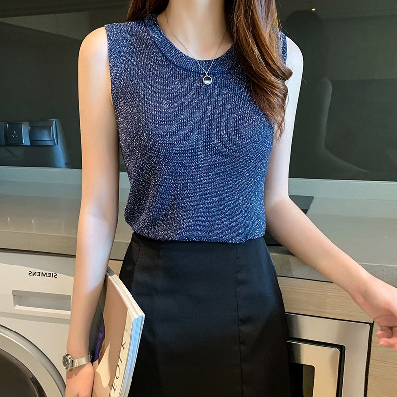 Foreign trade women's bright silk suspender vest with ice silk knitted base shirt sleeveless summer