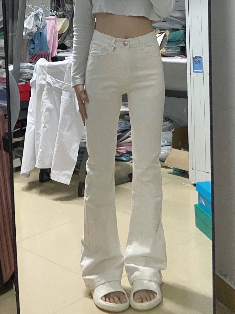 Korean small flared jeans for women in summer high-waist elastic simple slim and versatile horseshoe pants