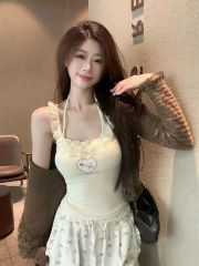 Pure Desire Pink Lace Edge Halter Tank Top for Women - Spring/Summer 2025 New Arrival Outerwear and Innerwear - Fitted and Slimming Top