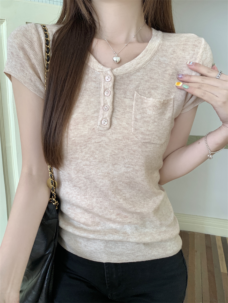 Real photo Real new summer style shoulder-breasted short-sleeved sweater slim and short top
