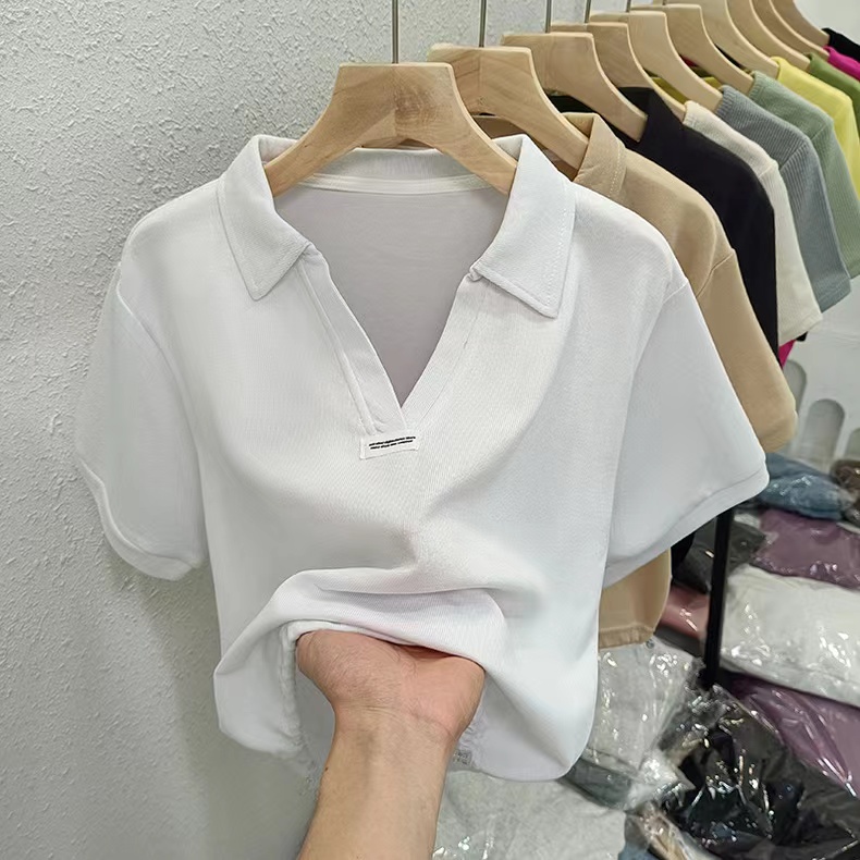 Real photo of POLO neck short sleeve T-shirt for women short V-neck top