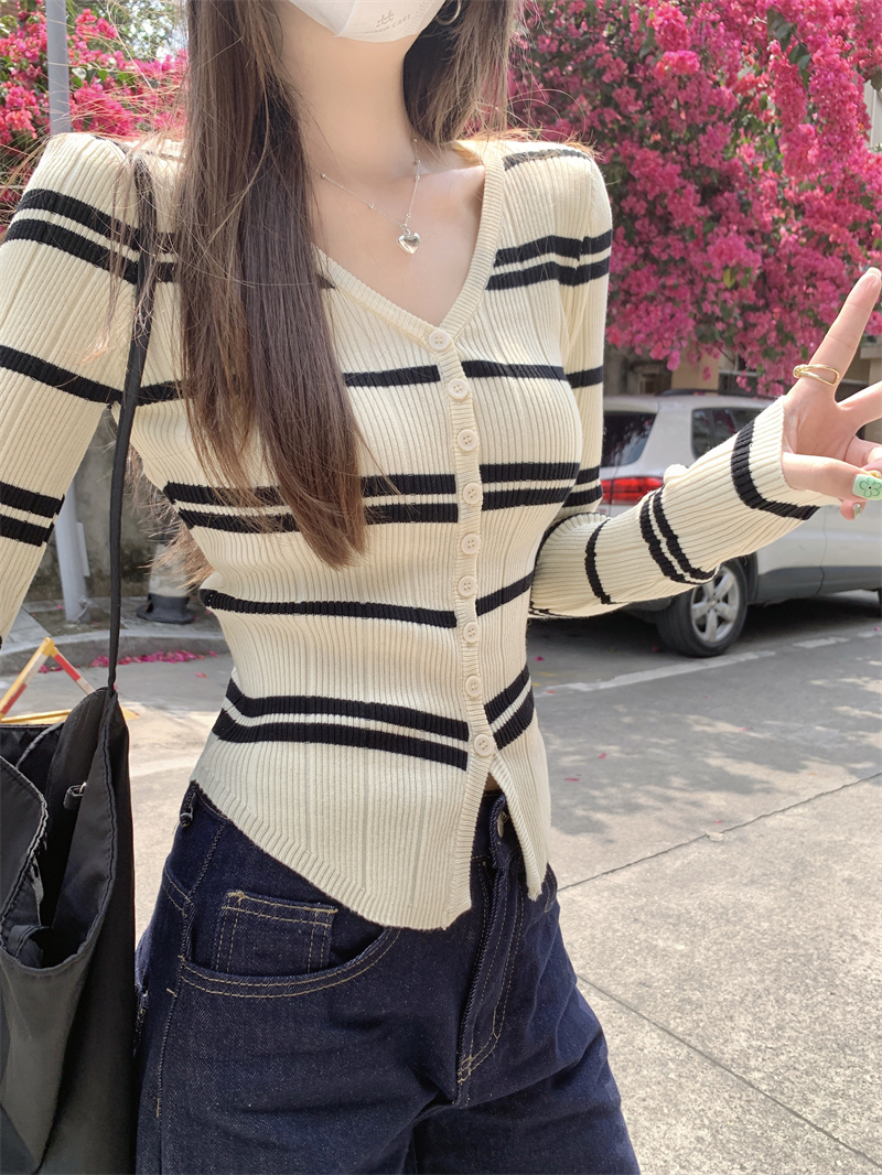 Real photo Real design feel slightly transparent lace back spliced ​​striped cardigan long-sleeved sweater top