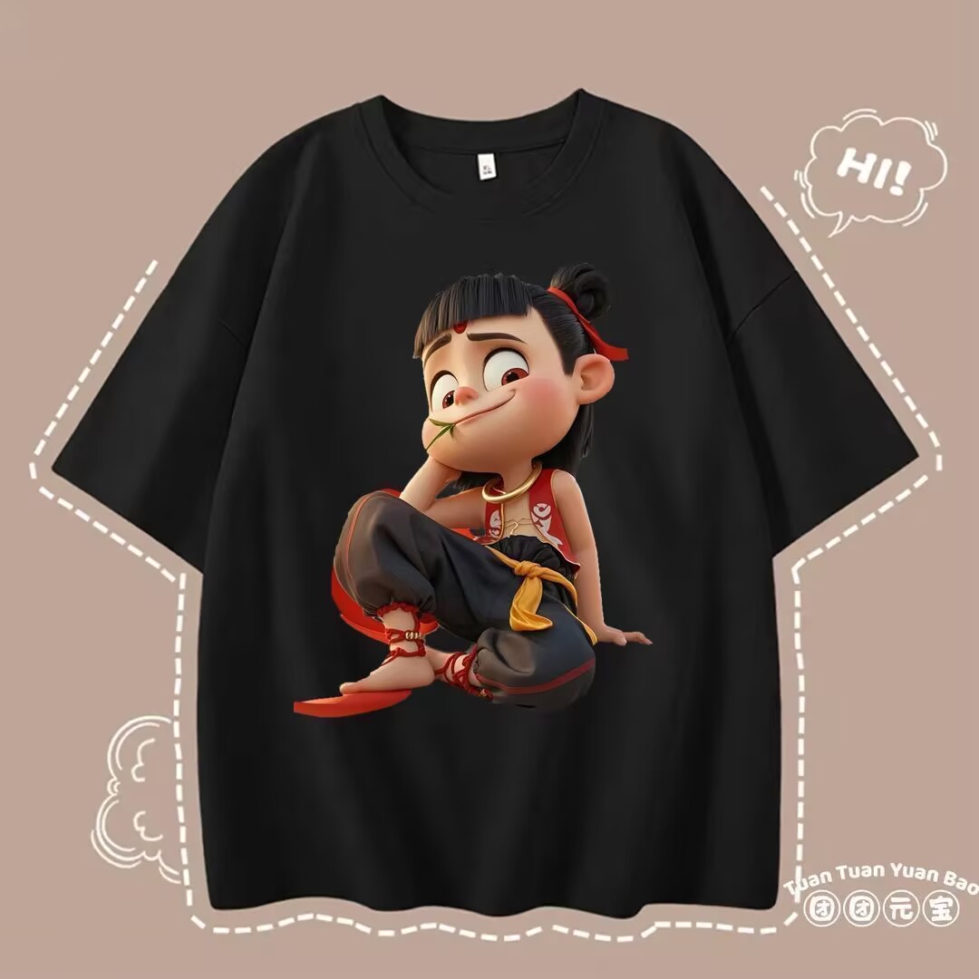 Summer round neck short sleeve national trend personality versatile relaxed casual trend Nezha printed T-shirt for women