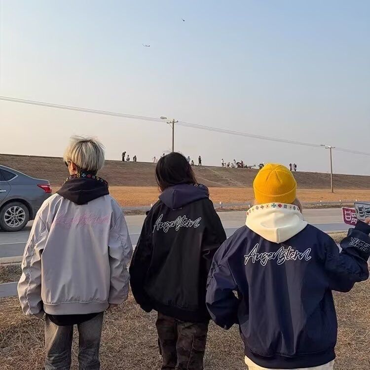 American retro Velcro embroidered flight suit jacket men and women spring and autumn couple trendy loose jacket