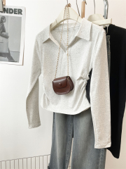Large-scale real-life photography of new autumn POLO lapel t-length sleeve T-shirt slim top with gray front shoulder