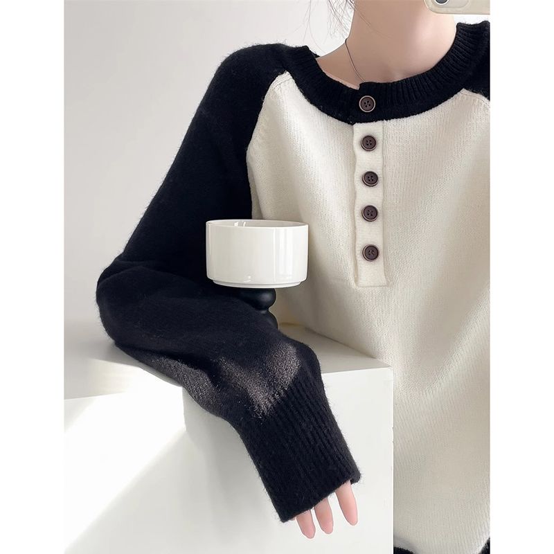 French black and white contrasting round neck lazy style loose pullover knit sweater women's spring 2025 new sweater