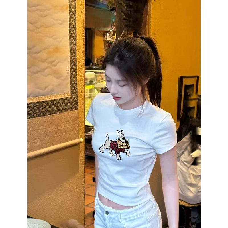 Korean chic pure cotton Korean style front shoulder short-sleeved women's T-shirt in summer new slim fit unique short top trendy