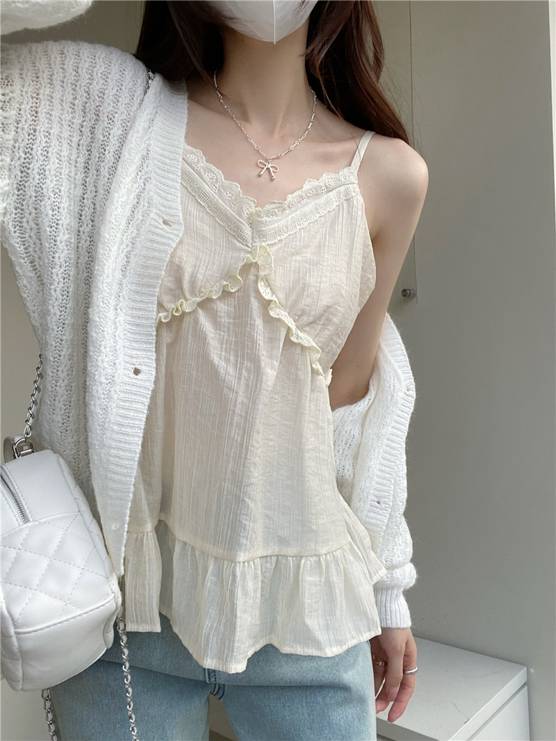 Real photo casual gentle suit sexy lace suspender vest women's spring long-sleeved knitted cardigan two-piece set