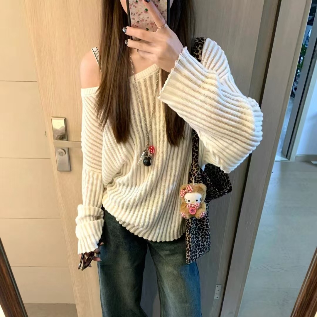 Lazy and relaxed thin off-shoulder hollow white blouse for women in spring and summer loose slimming sunscreen sweater top