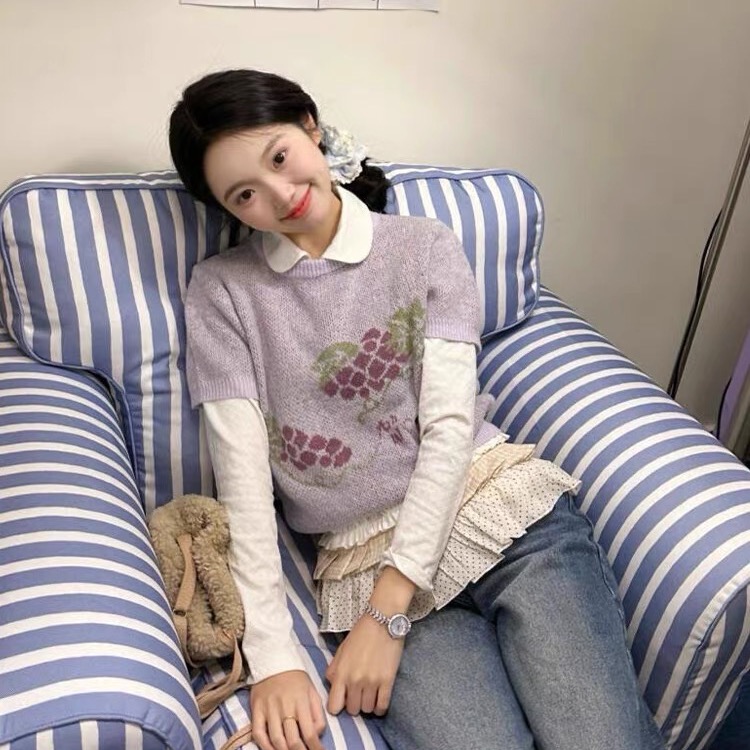 miu purple sweater vest women's spring grape jacquard round neck knitted short-sleeved college style slim top