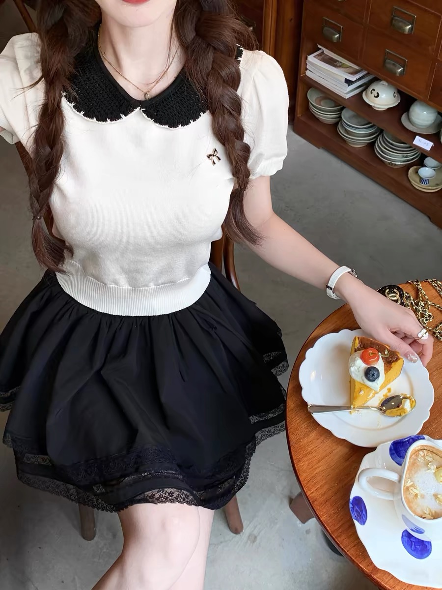 Hot girl doll collar knitted short-sleeved T-shirt for women in summer design niche unique short top