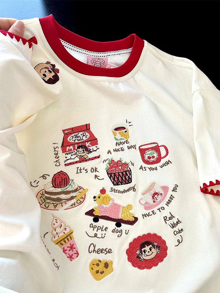 Original workmanship pure cotton high-density embroidered thread collar + edge-pull shoulder short-sleeved T-shirt for women
