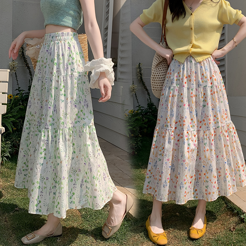 French floral skirt for women in spring and summer new small fresh high waist slim A-line skirt design niche long skirt